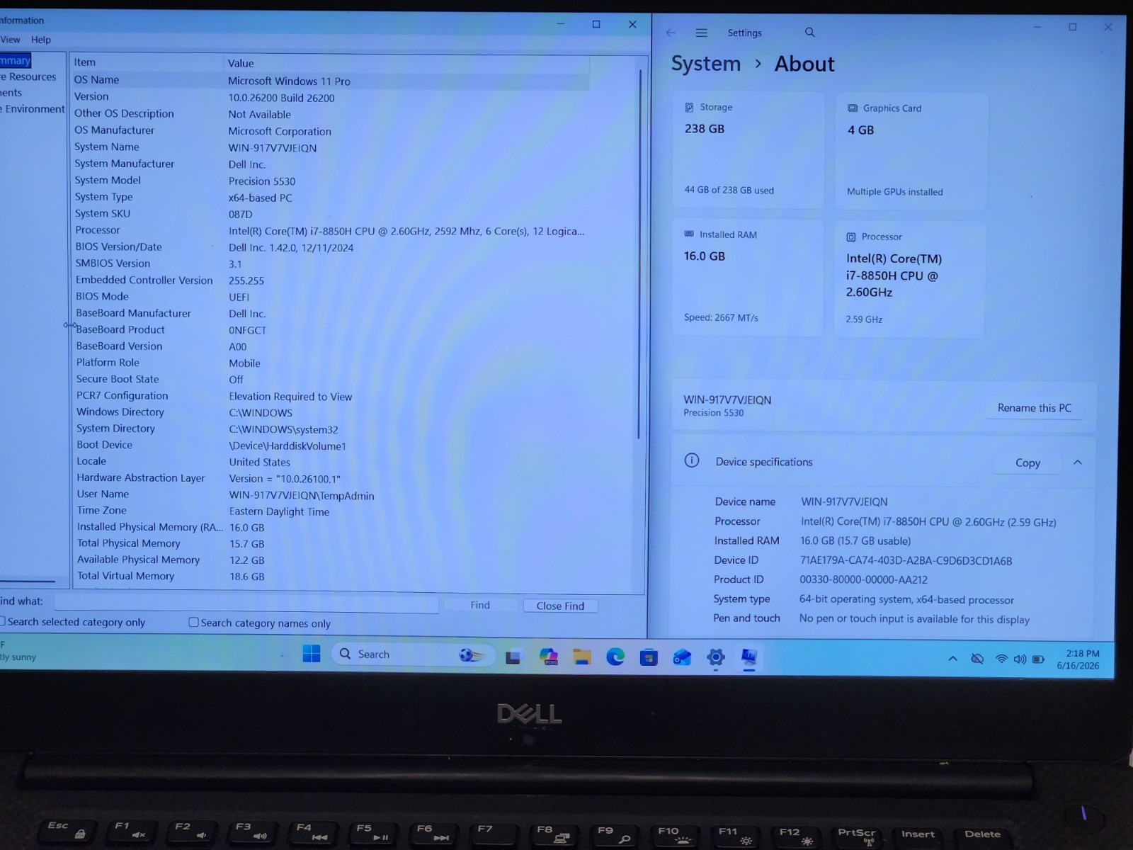 Dell Precision 5530 15.6″ FHD i7-8850H 2.6Ghz 16GB RAM 256GB SSD W11P P1000 + AC
