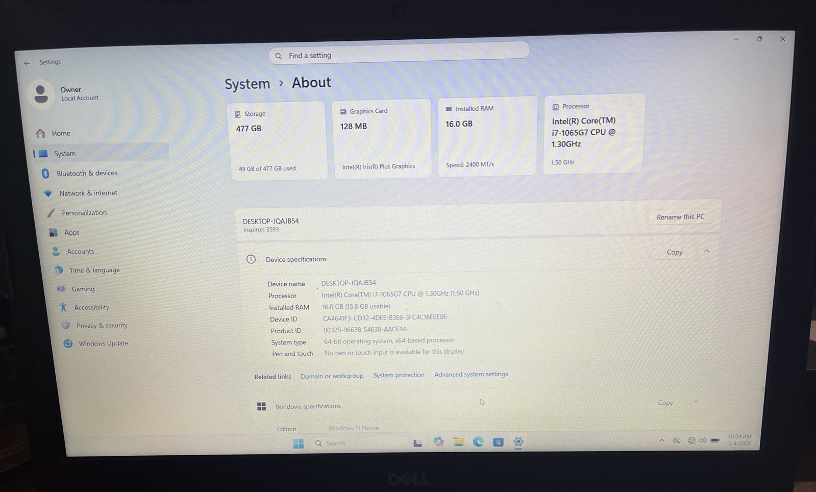 Dell Inspiron 3593 15.6″ i7-1065G7@1.30GHz, 16GB RAM, 512GB M2, W11H *READ*