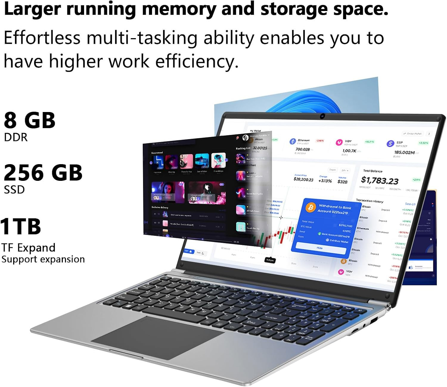 Laptop 16-Inch 8GB DDR 256GB SSD Portable Laptop Computer, Expandable to 1TB, AM