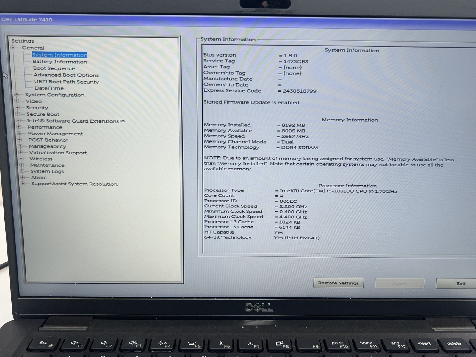 DELL LATITUDE 7410 i5-10310U@1.70GHz 8GB RAM NO HDD/SSD*READ