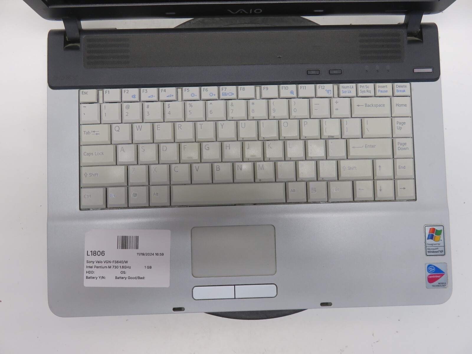 Sony Vaio VGN-FS640/W PCG-7A2L Intel Pentium M 730 1.6GHz 1 GB NO HDD No Batt