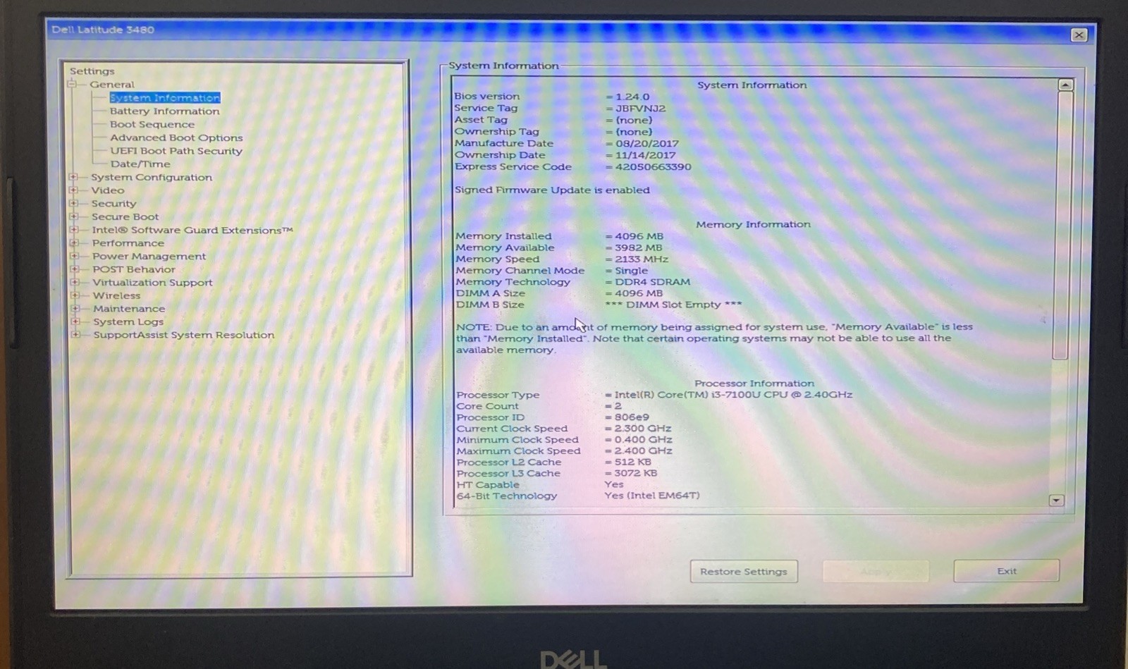 Dell Latitude 3480 Laptop Core i3 7100u 2.4Ghz 4GB no HDD boot to BIOS