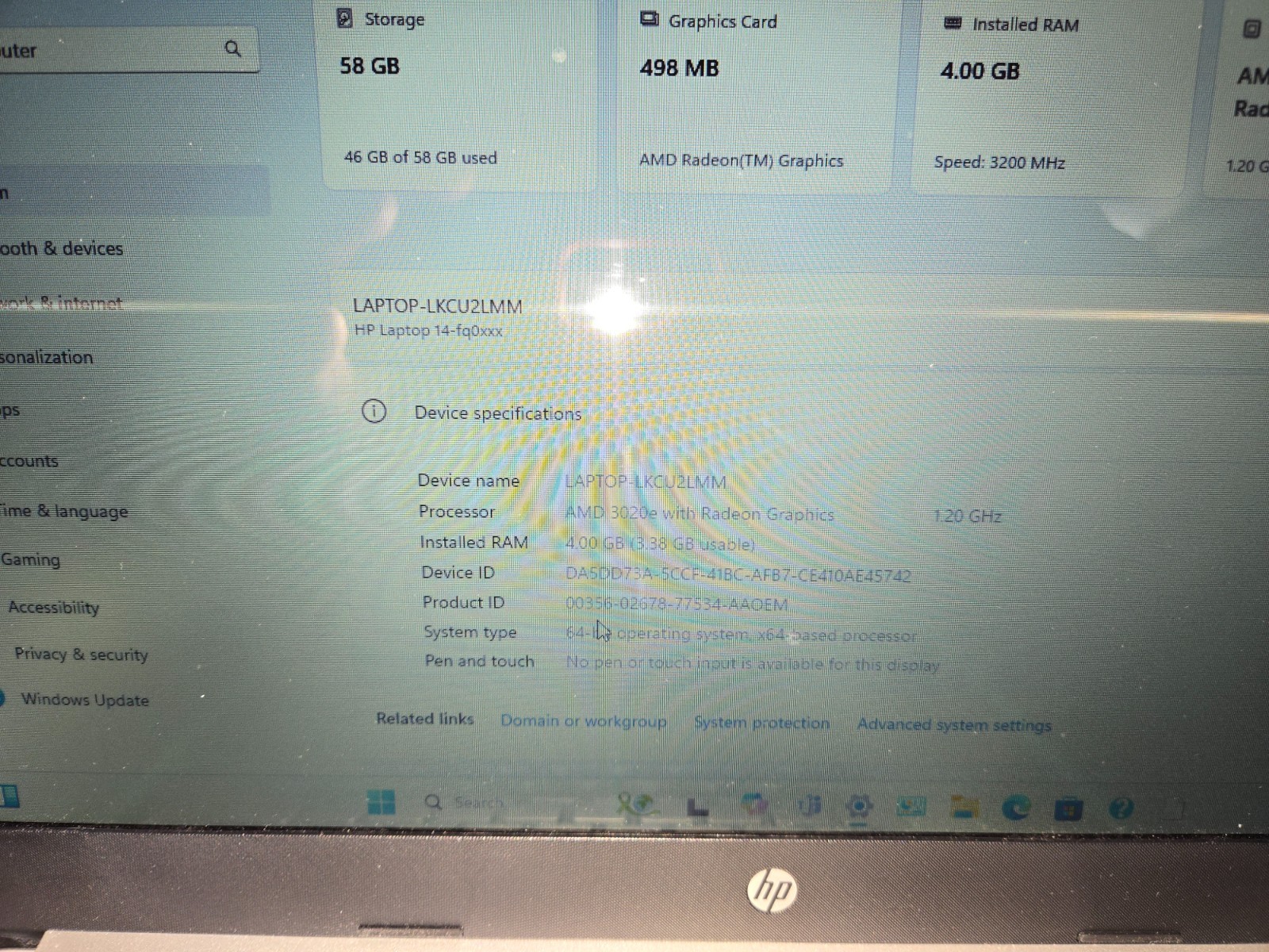 HP LAPTOP 14-FQ0122OD AMD 3020E APU 64GB EMMC 4GB SODIMM DDR4 SDRAM WINDOWS 11
