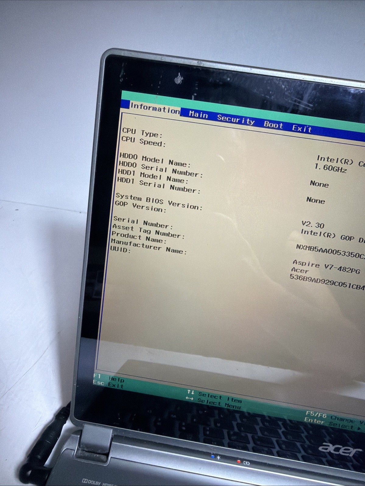 Acer Aspire V7-482PG 14″ Laptop i5-4200U 4gb Ram No Drives Boots Bios Hinge