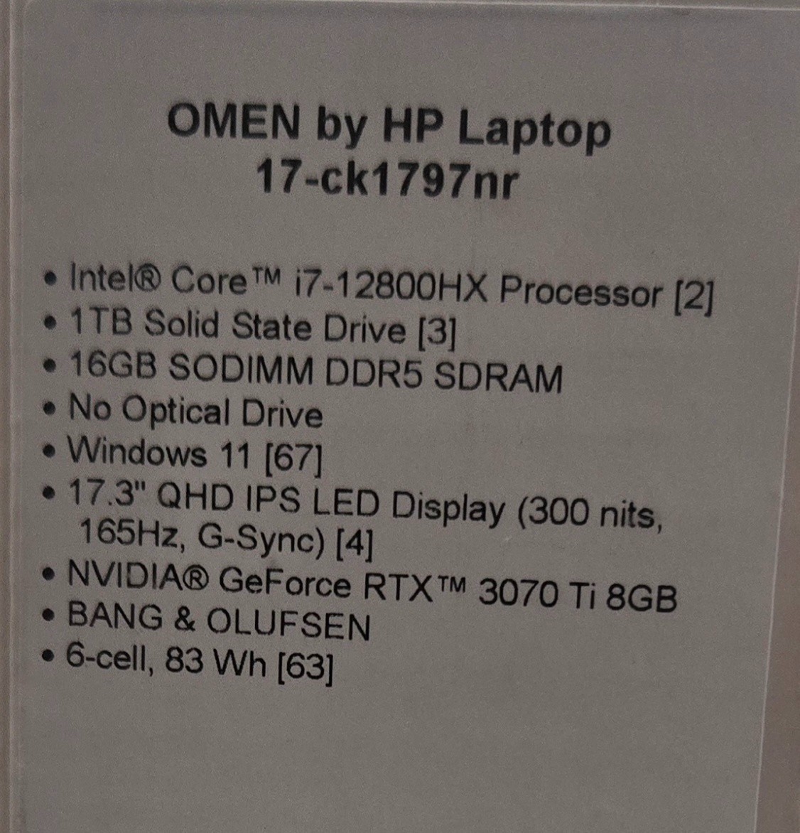 Omen 17-CK1797NR, i7-12800HX WIN 11, 16GB RAM, RTX 3070TI, 1TB SSD Gaming Laptop