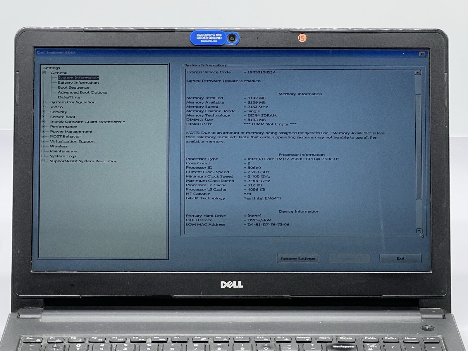 Dell Inspiron 5566, i7-7500U CPU, @ 2.70GHz, 8GB RAM-No HDD/OS/Adapter