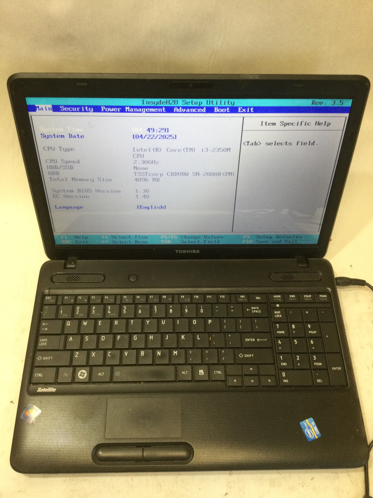 TOSHIBA SATELLITE C655-S5082 – BOOTS TO BIOS – INTEL CELERON – 2GB RAM -READ-BB