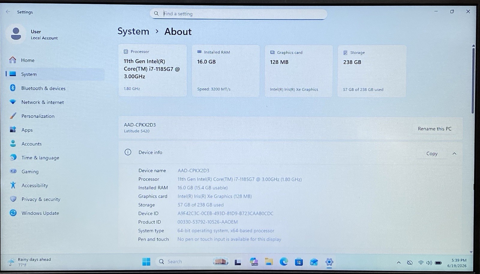 Dell Latitude 5420 14” Core i7-1185G7 @ 3.00GHz 16GB RAM 256GB SSD Win 11 Pro