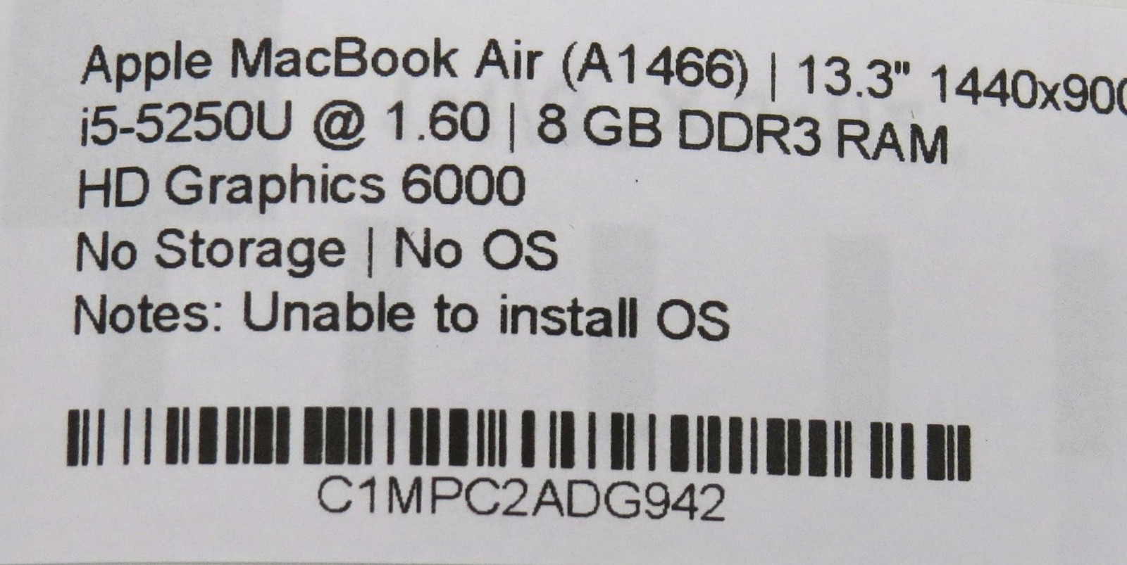 MacBook Air A1466 | i5-5250U @ 1.6GHz | 8GB DDR3 | 13.3″ Display | No HD/OS/AC