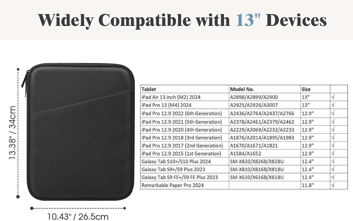 13 Inch Tablet Sleeve with Pocket for iPad Air 13″ M3 2025, iPad Pro 13″/12.9″