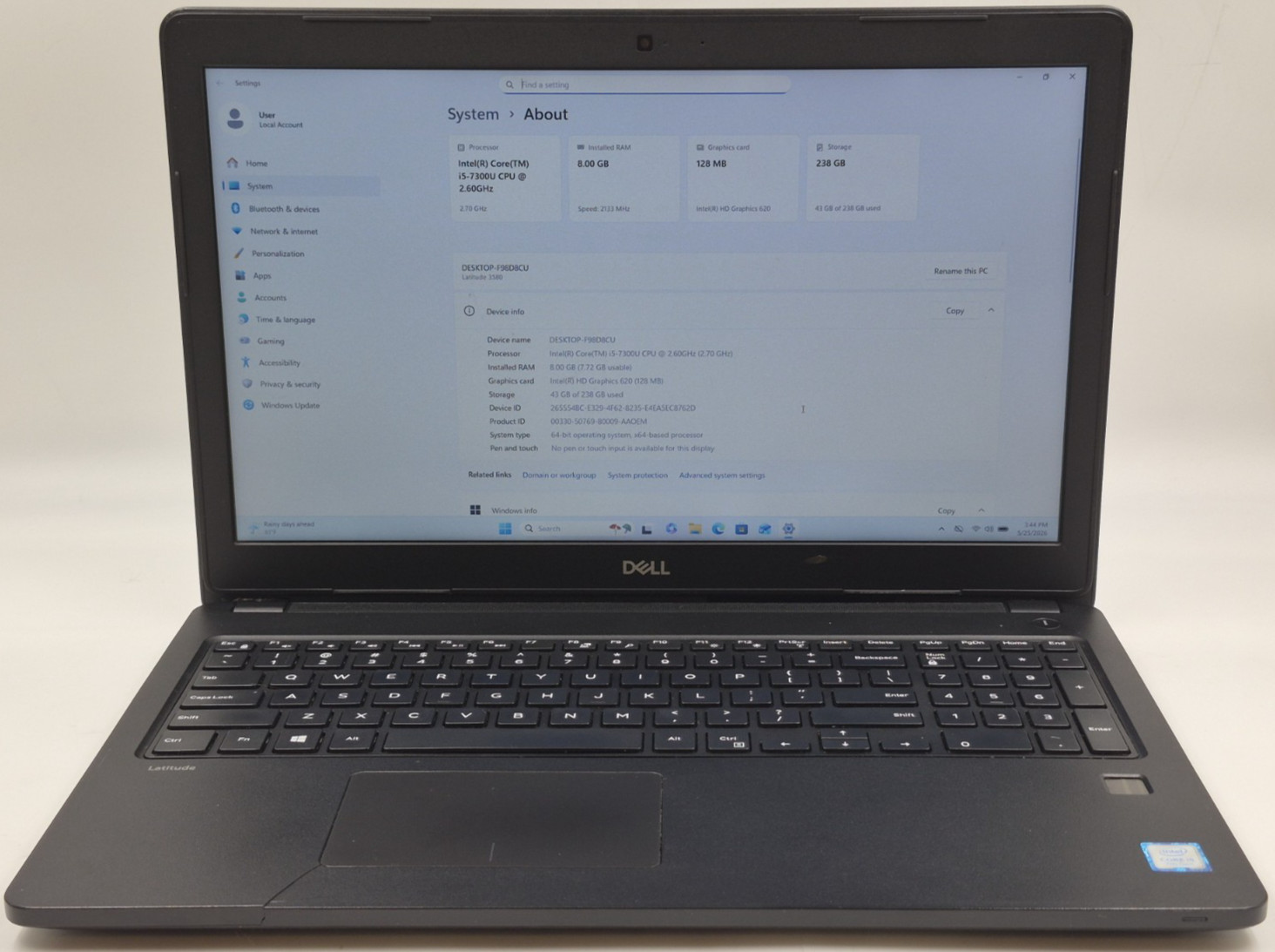 Dell Latitude 3580 i5-7300U 2.60GHz 8GB RAM 256GB NVMe W11P Laptop