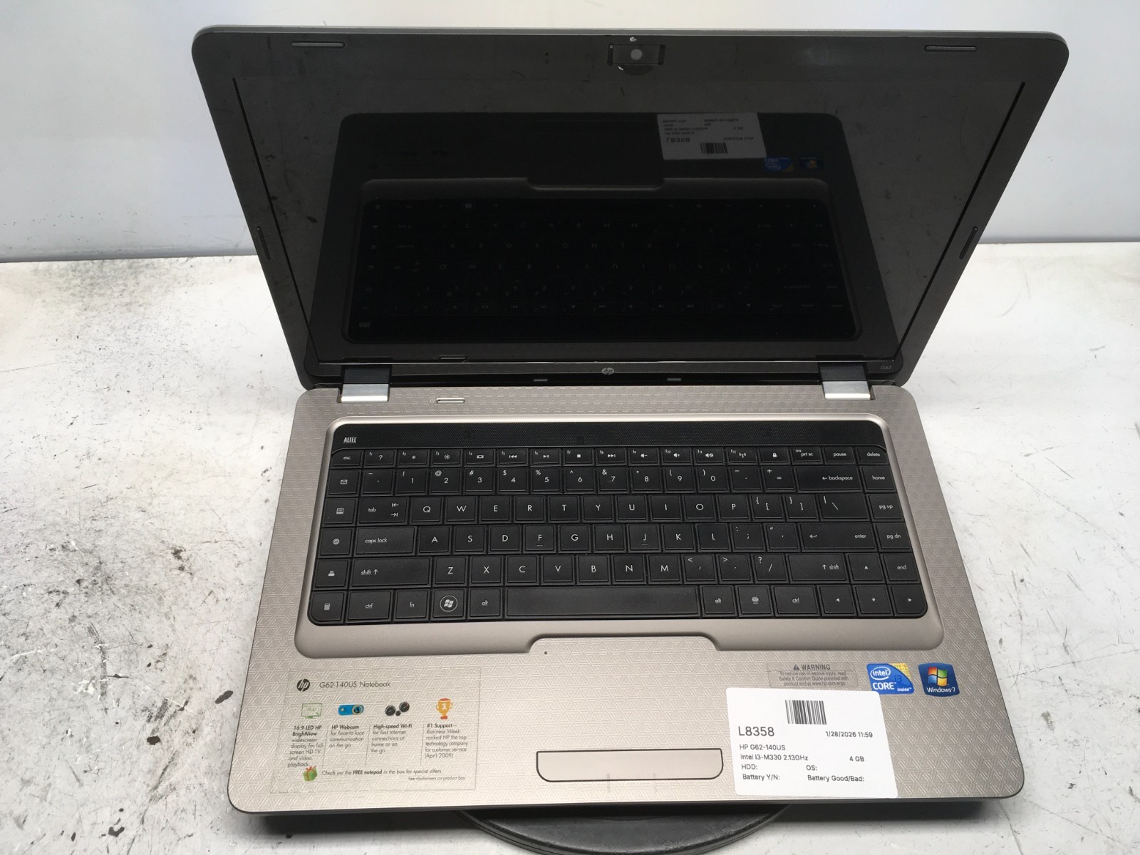HP G62-140US Intel i3-M330 2.13GHz 4 GB NO HDD
