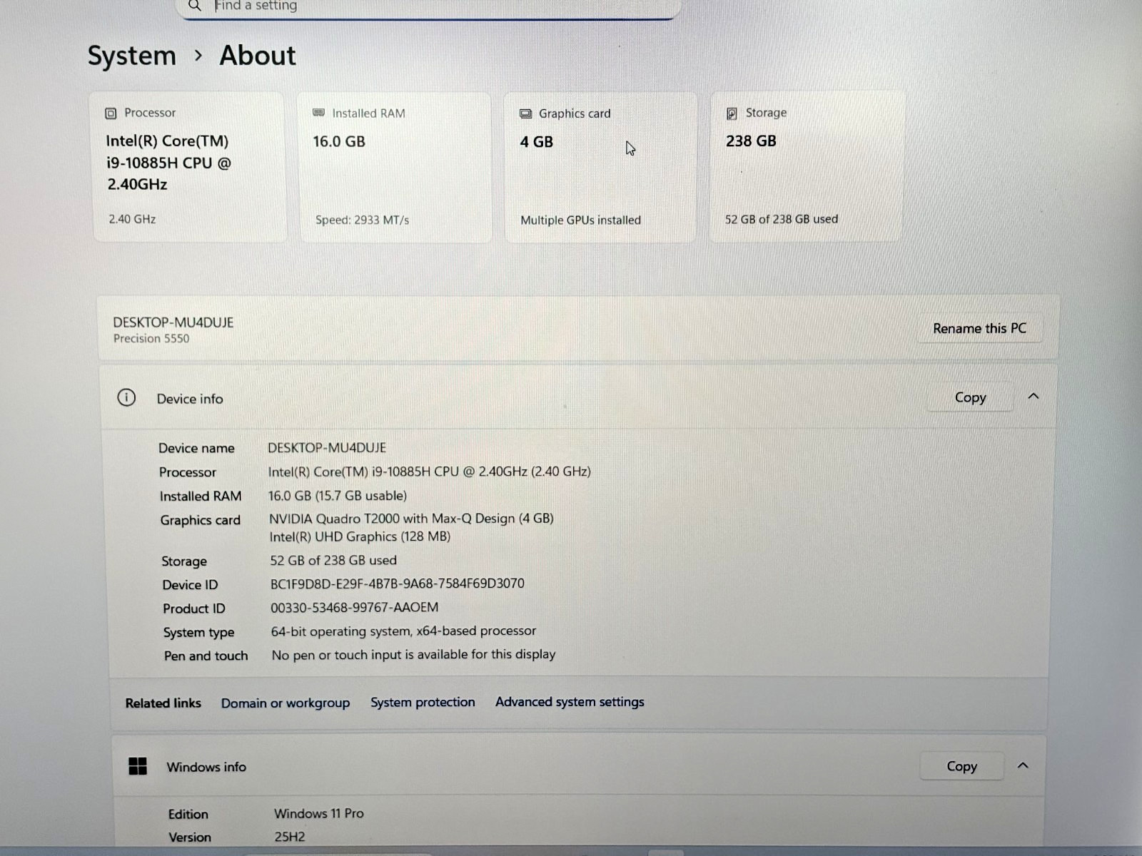 Dell Precision 5550 Intel i9-10th Gen 2.40GHz 16GB RAM 256GB SSD Windows 11 Pro*