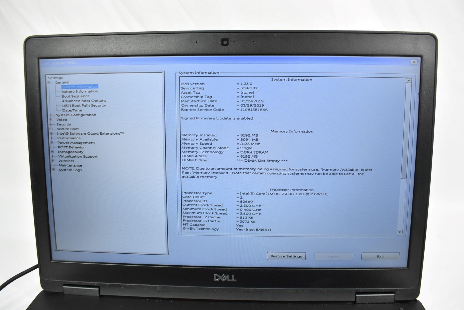 Dell Latitude 5590 Laptop i5-7300U 2.6GHz 8GB 256GB SSD No OS 15.6″ *See Detail