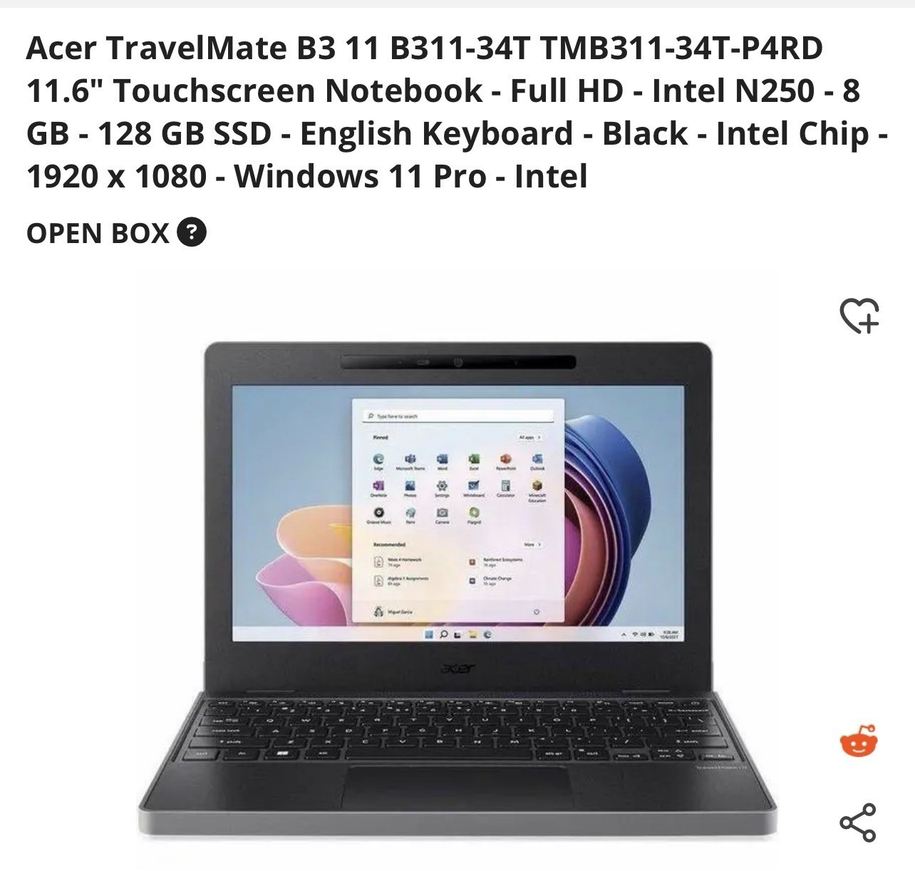 Acer TravelMate B3 11 B311-34T TMB311-34T-P4RD 11.6″ Touchscreen Notebook – Full