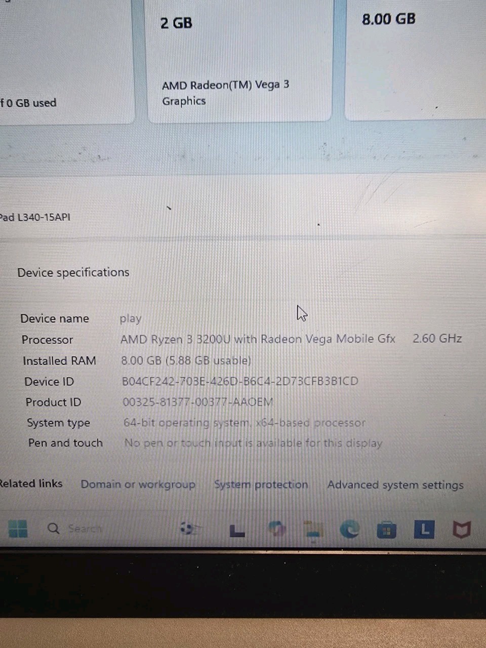 Lenovo IdeaPad L340 AMD Ryzen 3 3200U 2.6GHz 8 GB 1tb Hard Drive FREE SHIPPING.