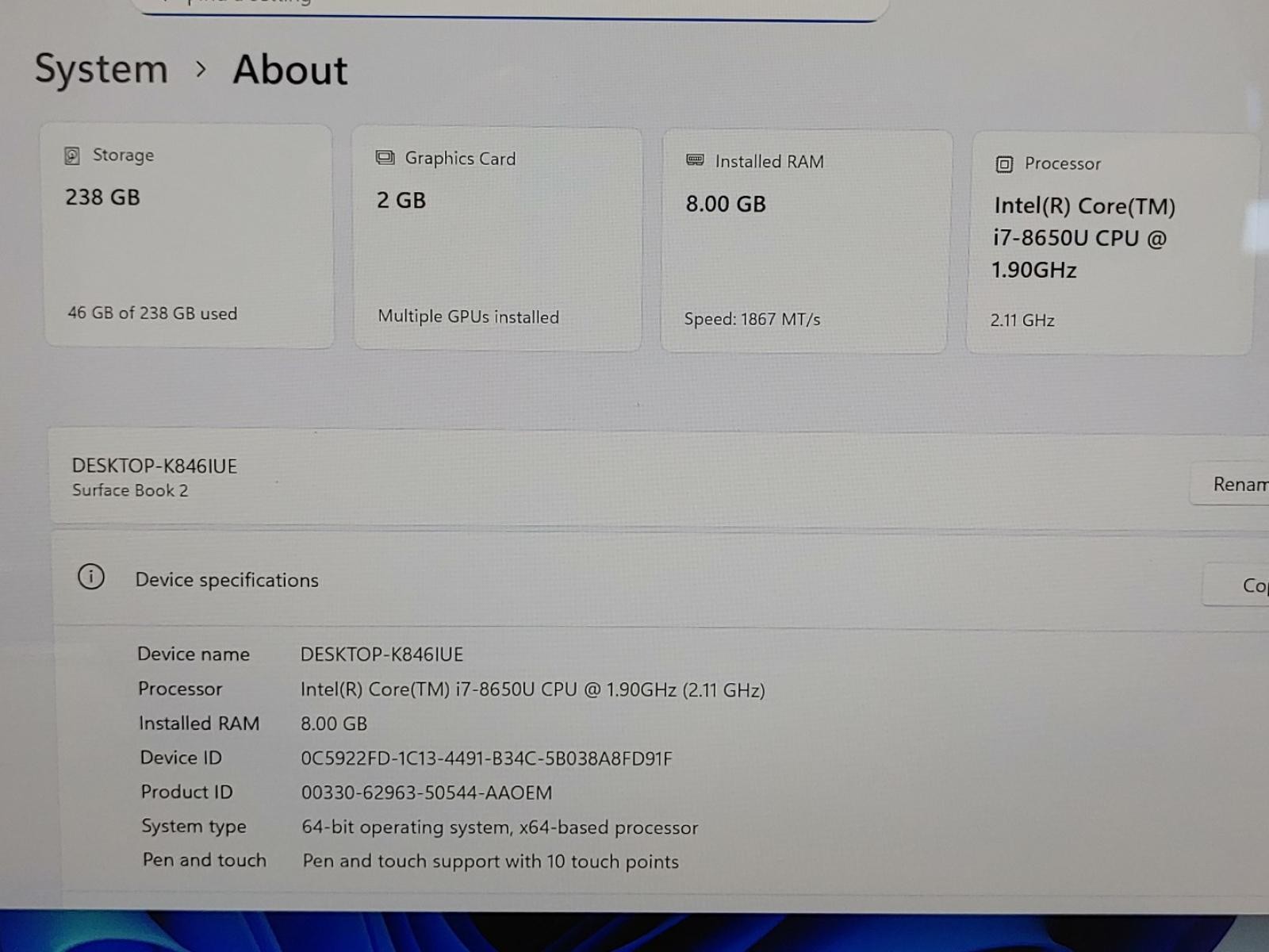 Microsoft Surface Book 2 13.5″ i7-8650U 8GB 256GB Win11Pro GTX1050 *NO A/C**READ
