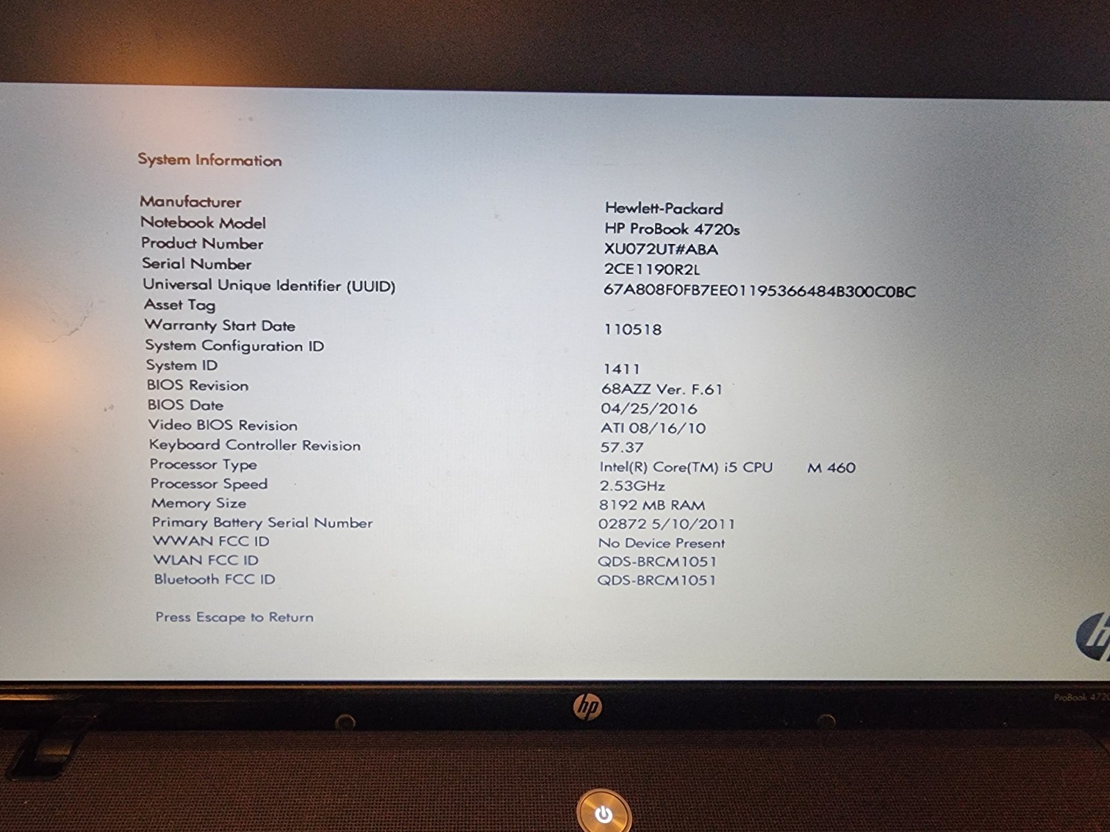 HP Probook 4720s Laptop RAM 8GB Core I5 No OS All Other Components Good 17.3″