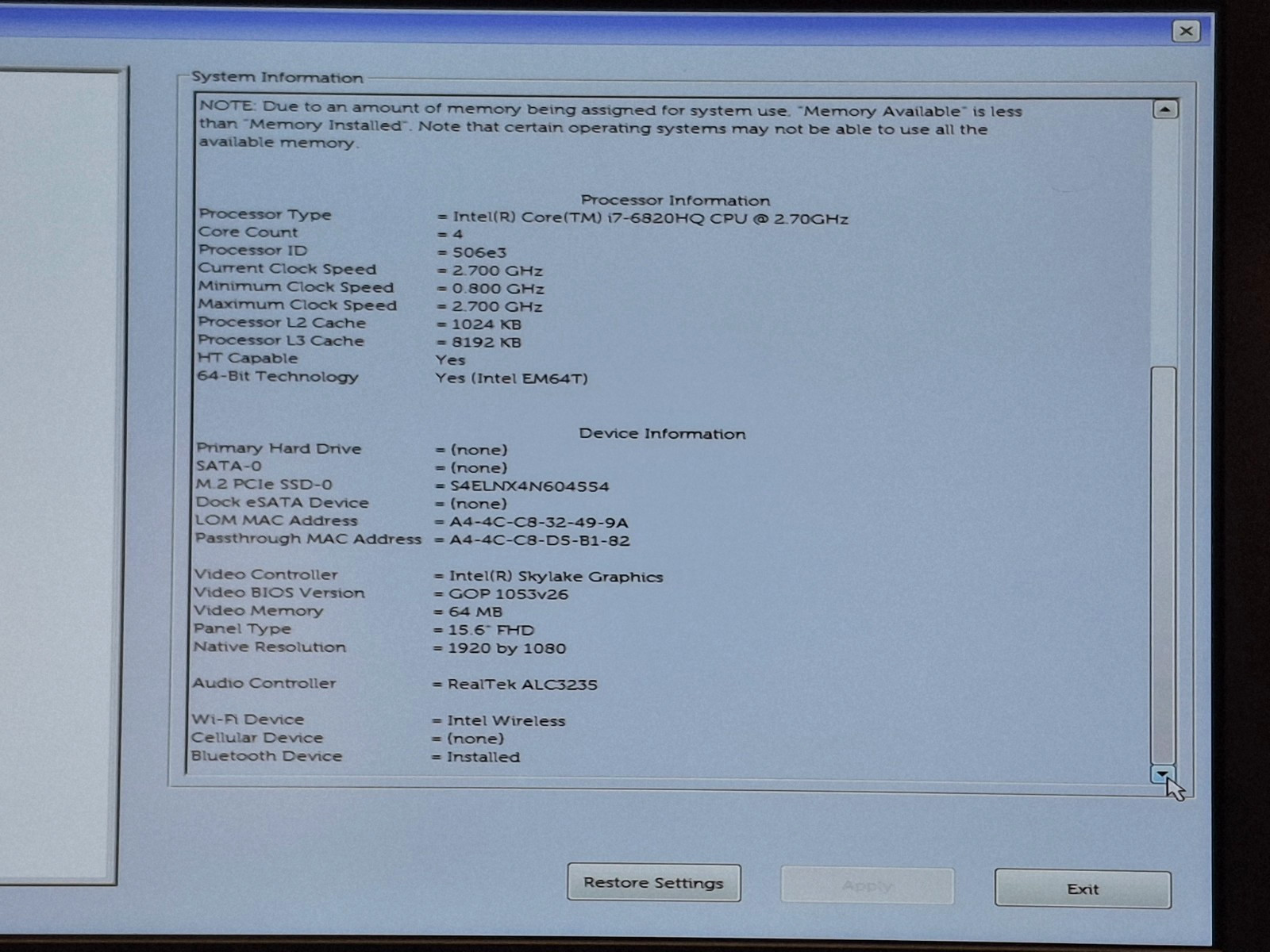 Dell Precision 7510 i7-6820HQ Nvidia M1000M 16GB 256 NVMe Wifi BT Webcam Win11P