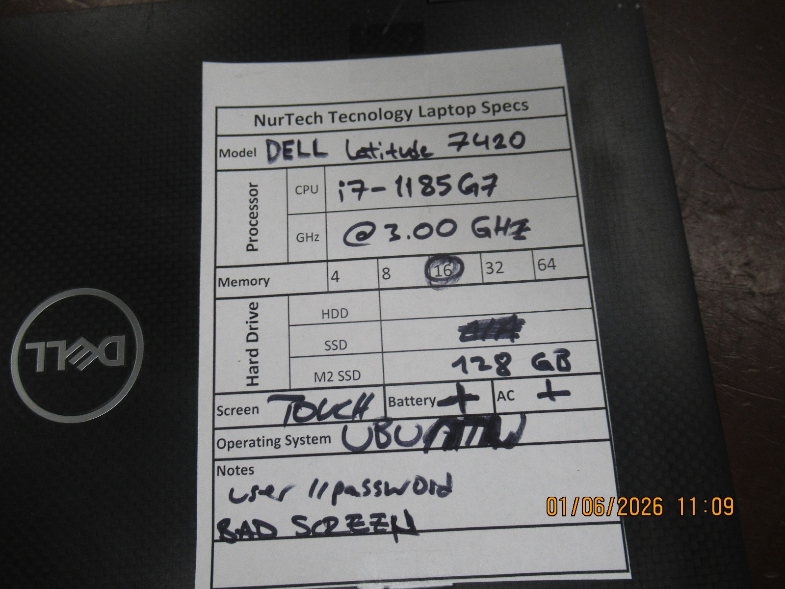 Dell Latitude 7420 i7 1185G7 3.00GHz 16GB 128GB M2SSD 14” Ubuntu Laptop w/ AC