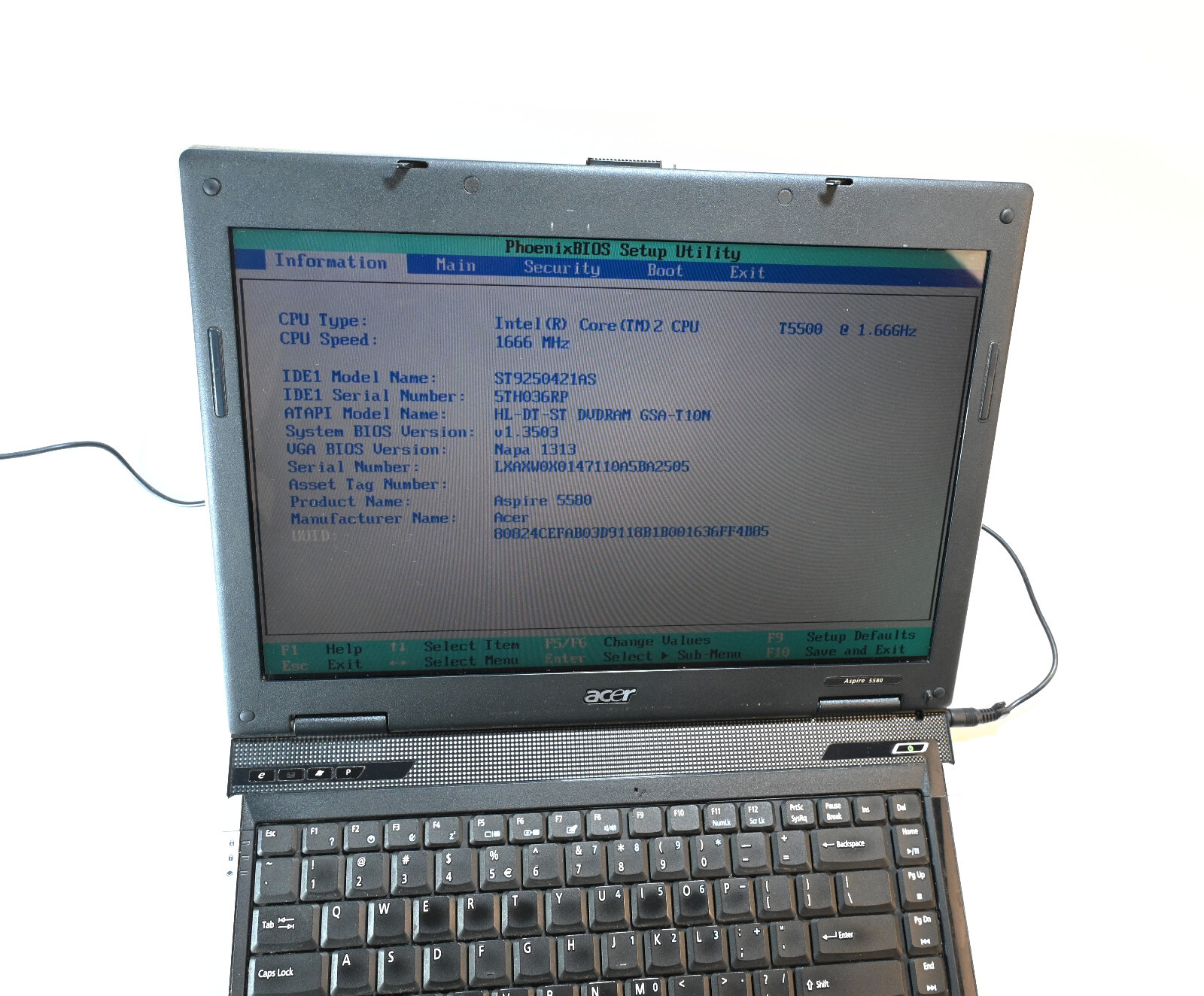 Acer Aspire 5580 Laptop 15″ Intel Core2 T5500 CPU 1GB RAM No HDD