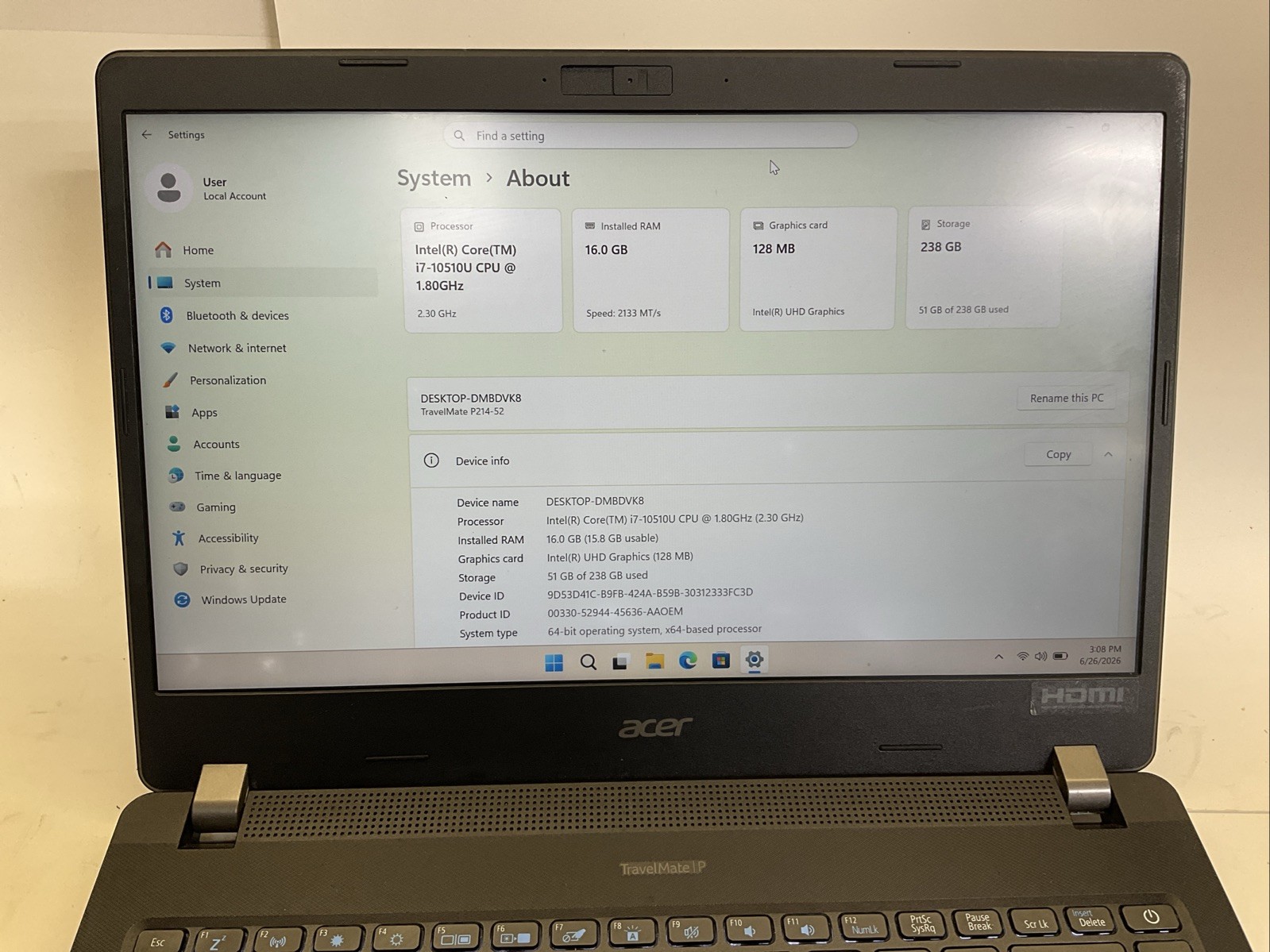 Acer TravelMate P214-52 Laptop/ i7-10th Gen/ 16GB RAM/ 256GB SSD/FHD/W11/(122F)
