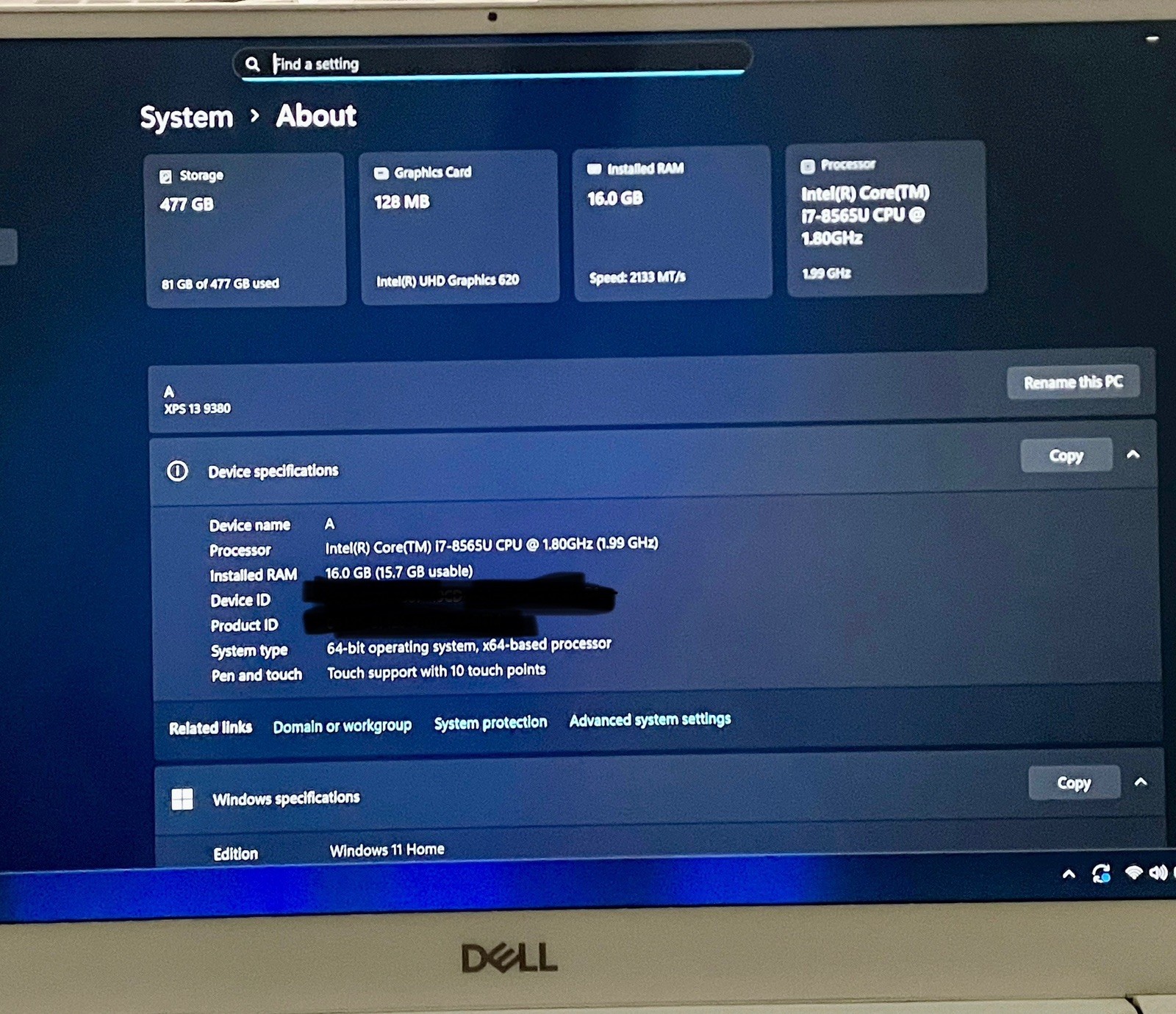 Dell XPS 13 Intel Core i7 1.8Ghz 16GB RAM 512GB SSD Platinum Silver