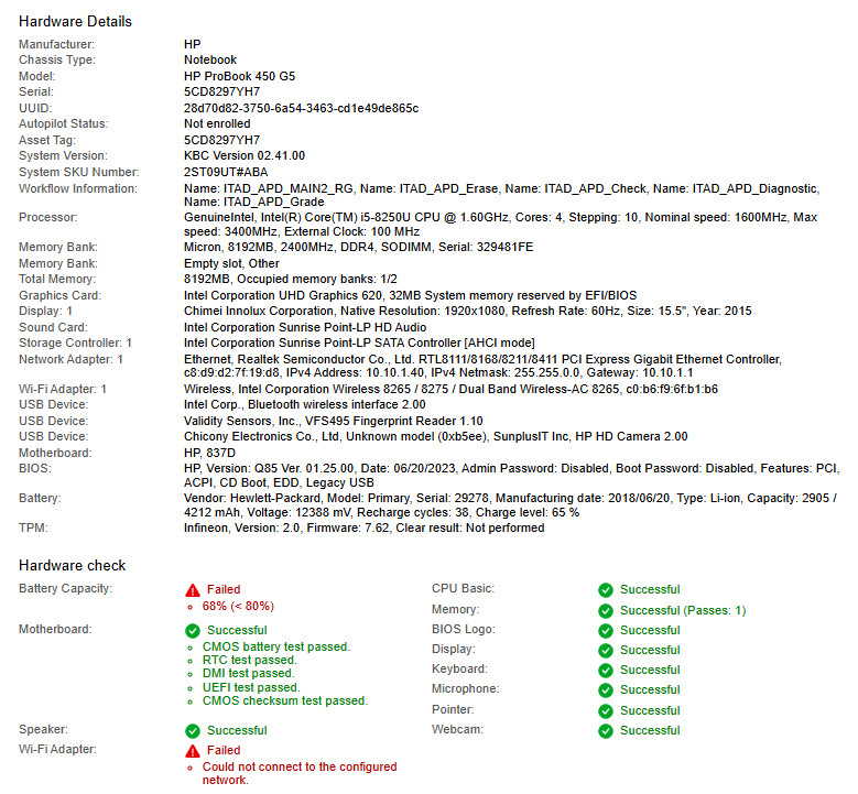 HP ProBook 450 G5, i5-8250U CPU, @ 1.60GHz, 8GB RAM-No HDD/OS/Adapter
