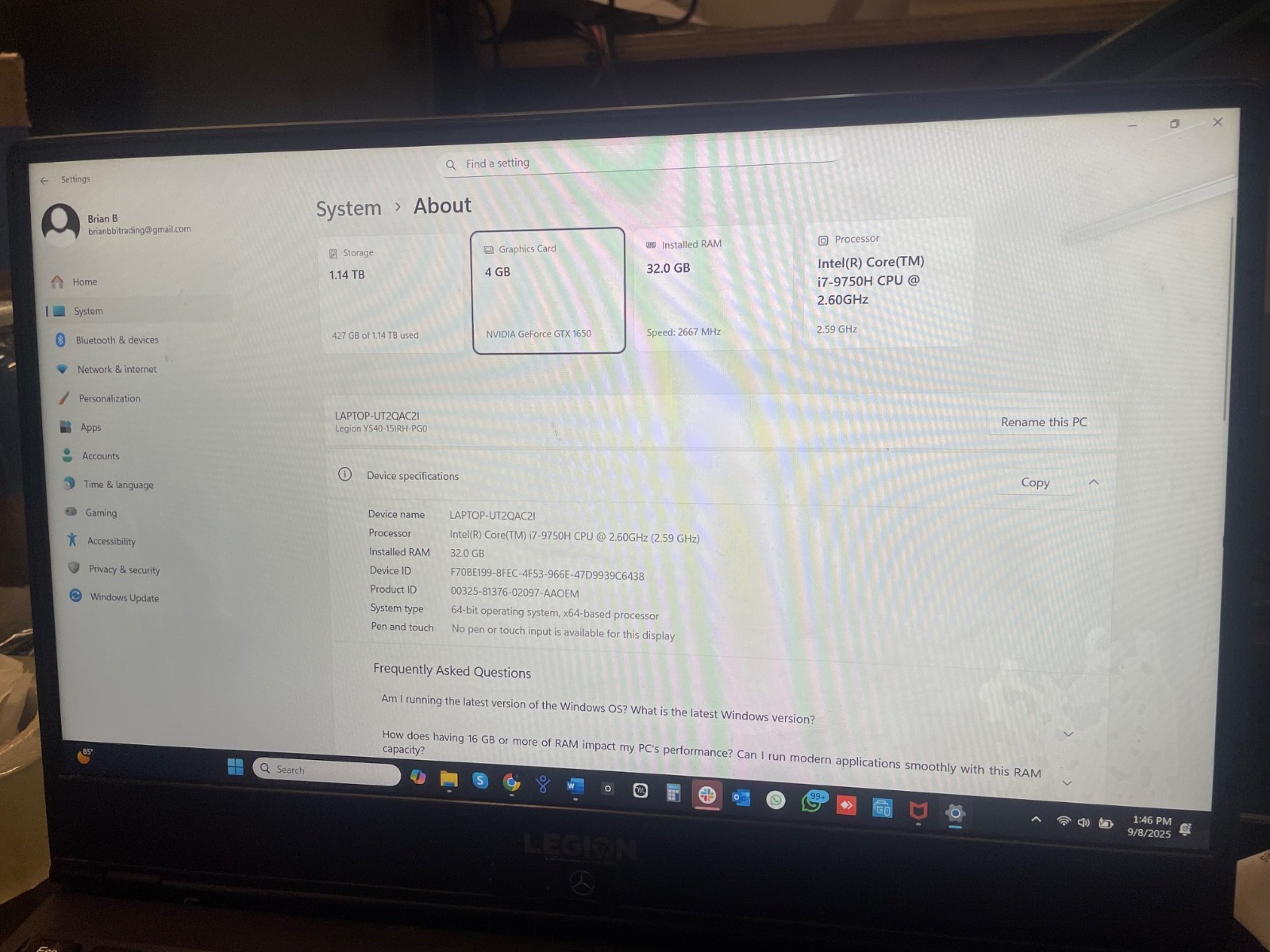 LENOVO LEGION Y540-15IRH | CORE I7-9750H | 1TB | 32GB RAM | 237GB SSD | 2.60 GHZ