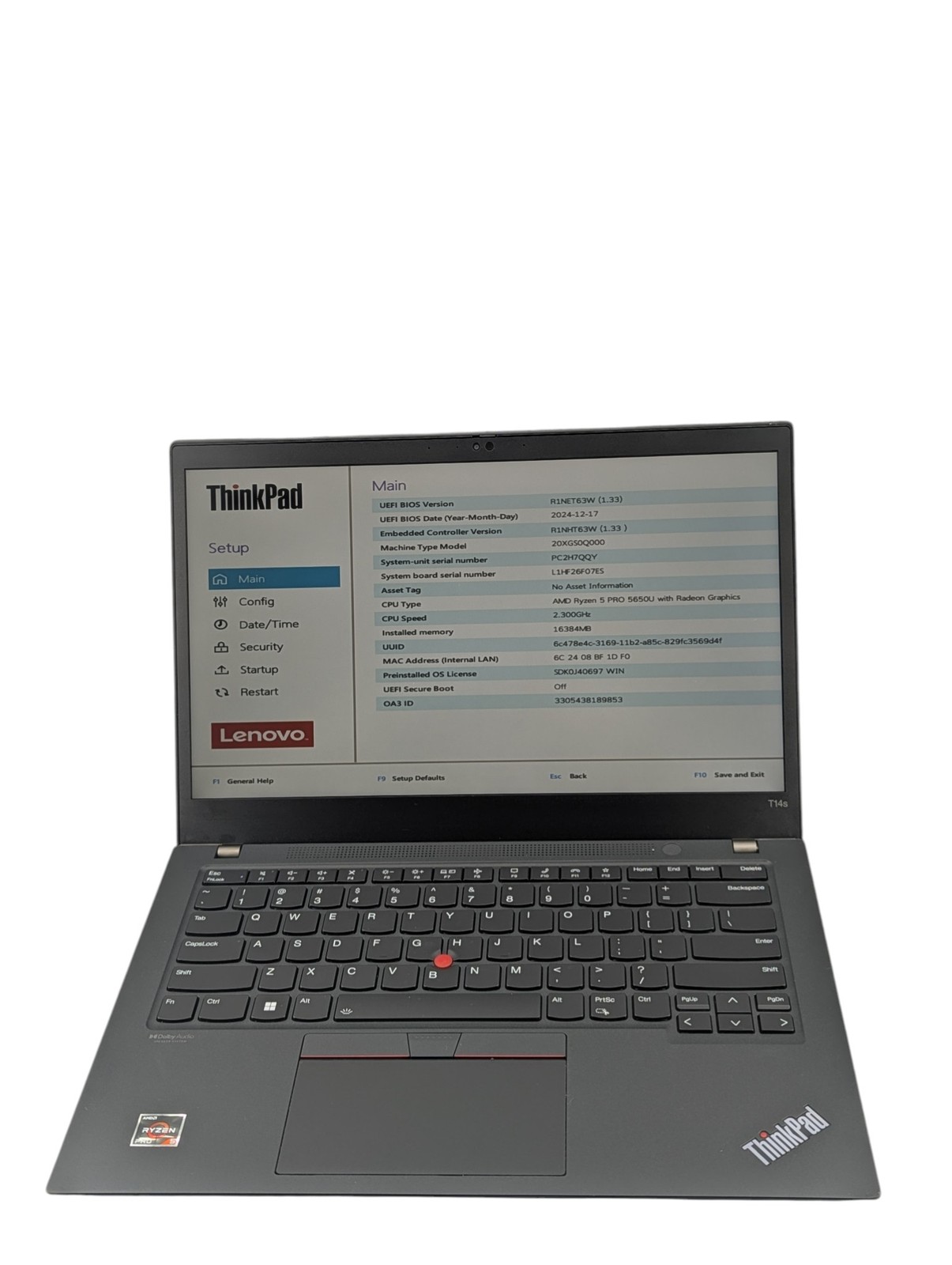 Lenovo ThinkPad T14s Gen 2a RYZEN 5 PRO 5650U 2.3Ghz 16GB RAM 256GB -Grade D