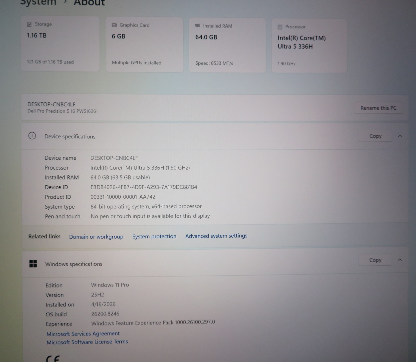Dell Pro Precision 5 16″ Intel Core Ultra 5 336H 64GB RAM 1.2TB SSD RTX PRO 500