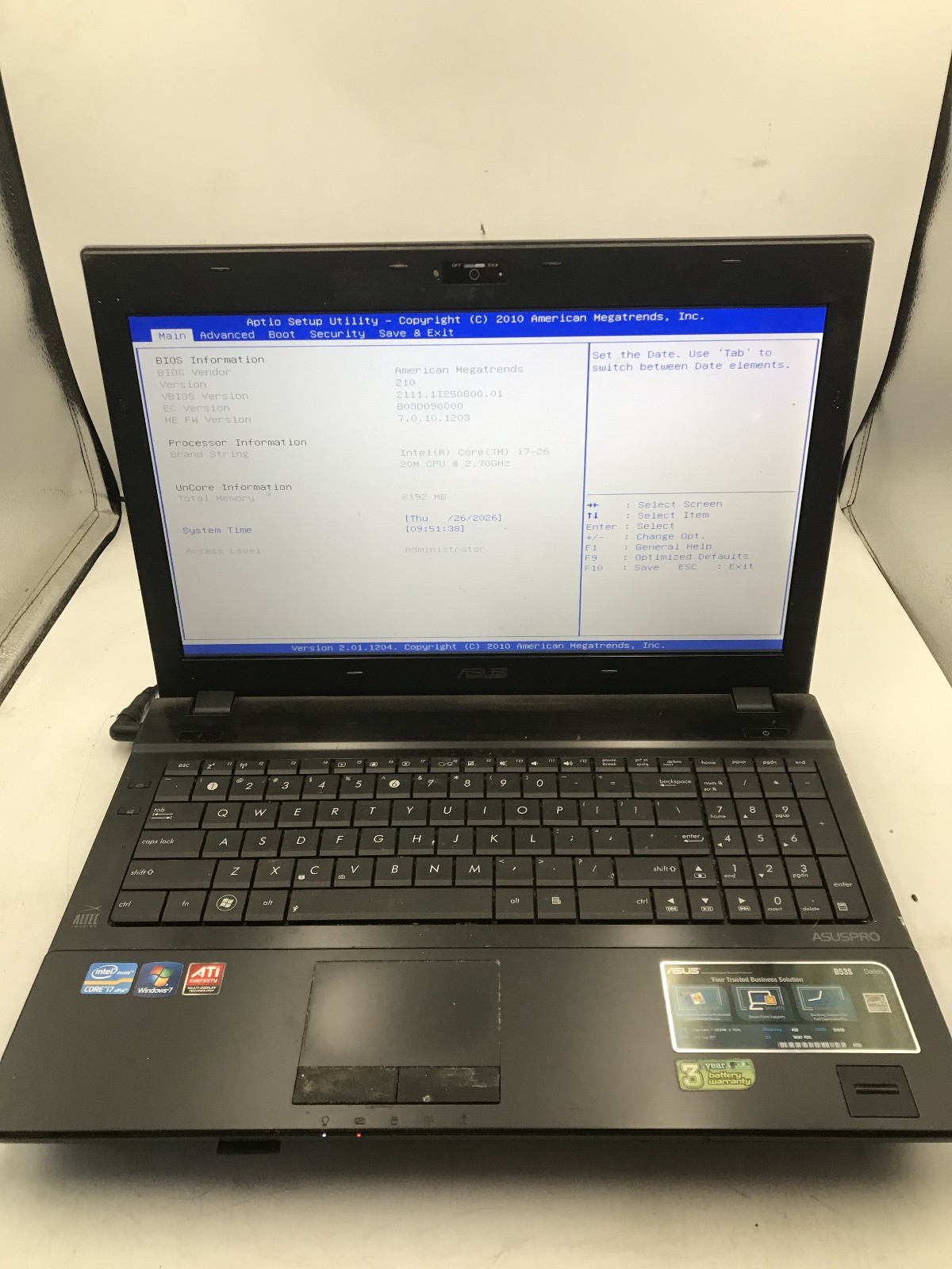 ASUS B53S XH71 – BOOTS TO BIOS – INTEL I7 2620M – 8GB RAM – READ DESCRIP – BB