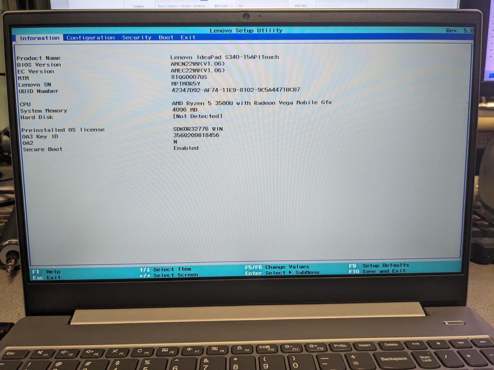 LENOVO IDEAPAD S340-15APITOUCH RYZEN 5 3500U @ 2.1GHz, 4GB RAM, NO HDD/OS