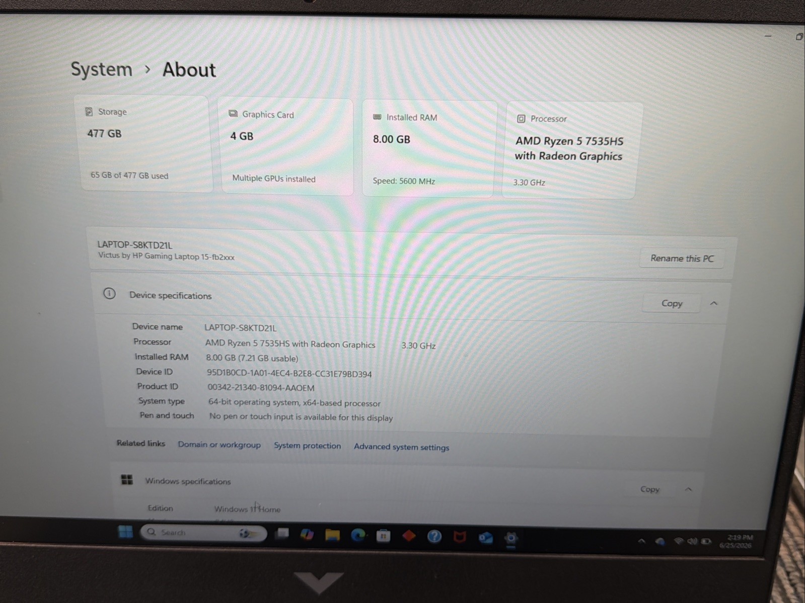 HP Victus 15 Ryzen 5 7535HS 3.3GHz 8GB RAM 512GB SSD AMD Radeon RX 6550M Laptop