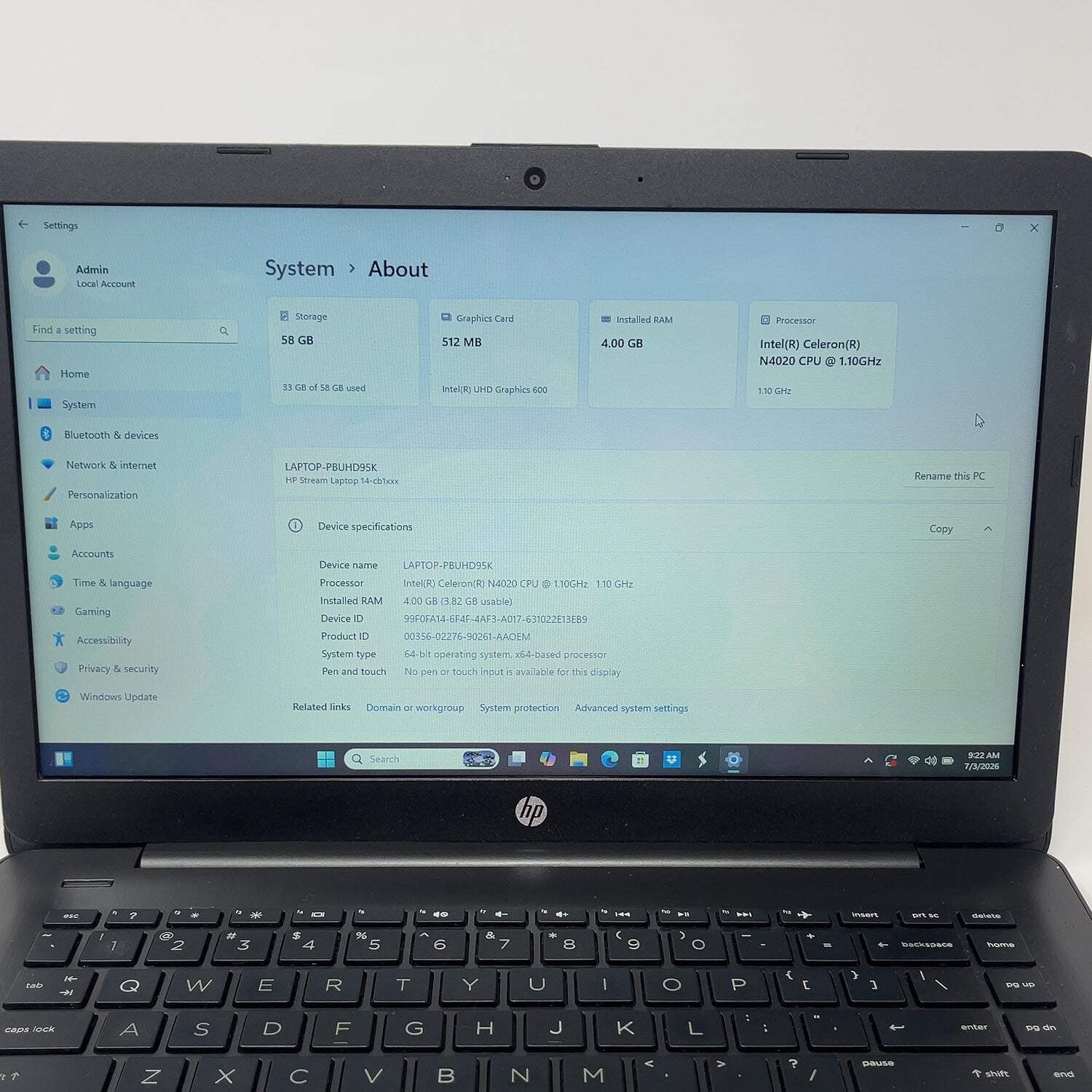 HP Stream 14-cb174wm 14″ Celeron N4020 1.1GHz 4GB RAM 64GB SSD