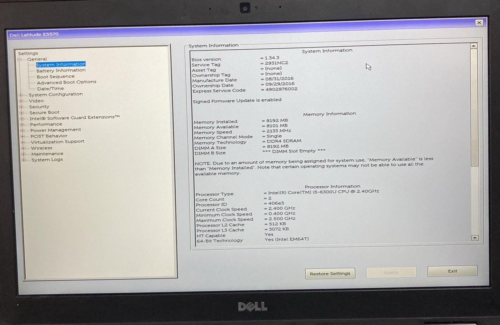 Dell Latitude E5570 Intel Core i5-6300U 2.40 GHz no RAM NO SSD Boot to BIOS