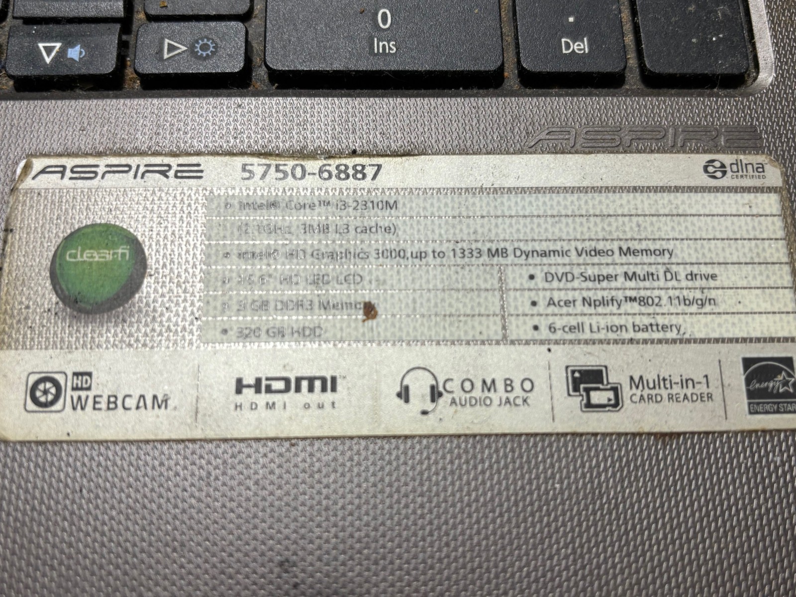 ACER Aspire 5750-7638 15.5 inch used laptop for parts/repair has HDD
