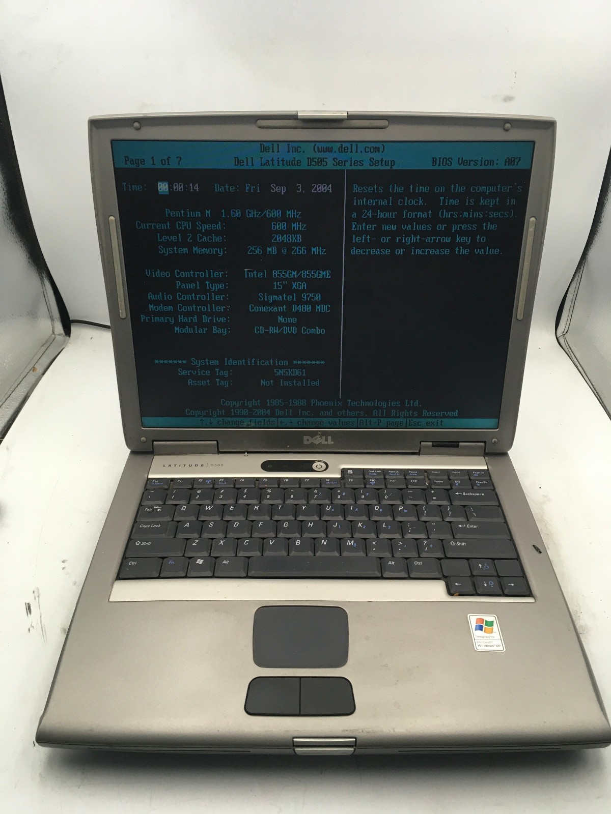 DELL LATITUDE D505 – BOOTS TO BIOS – INTEL PENTIUM M – NO RAM – NO OS – READ -BB
