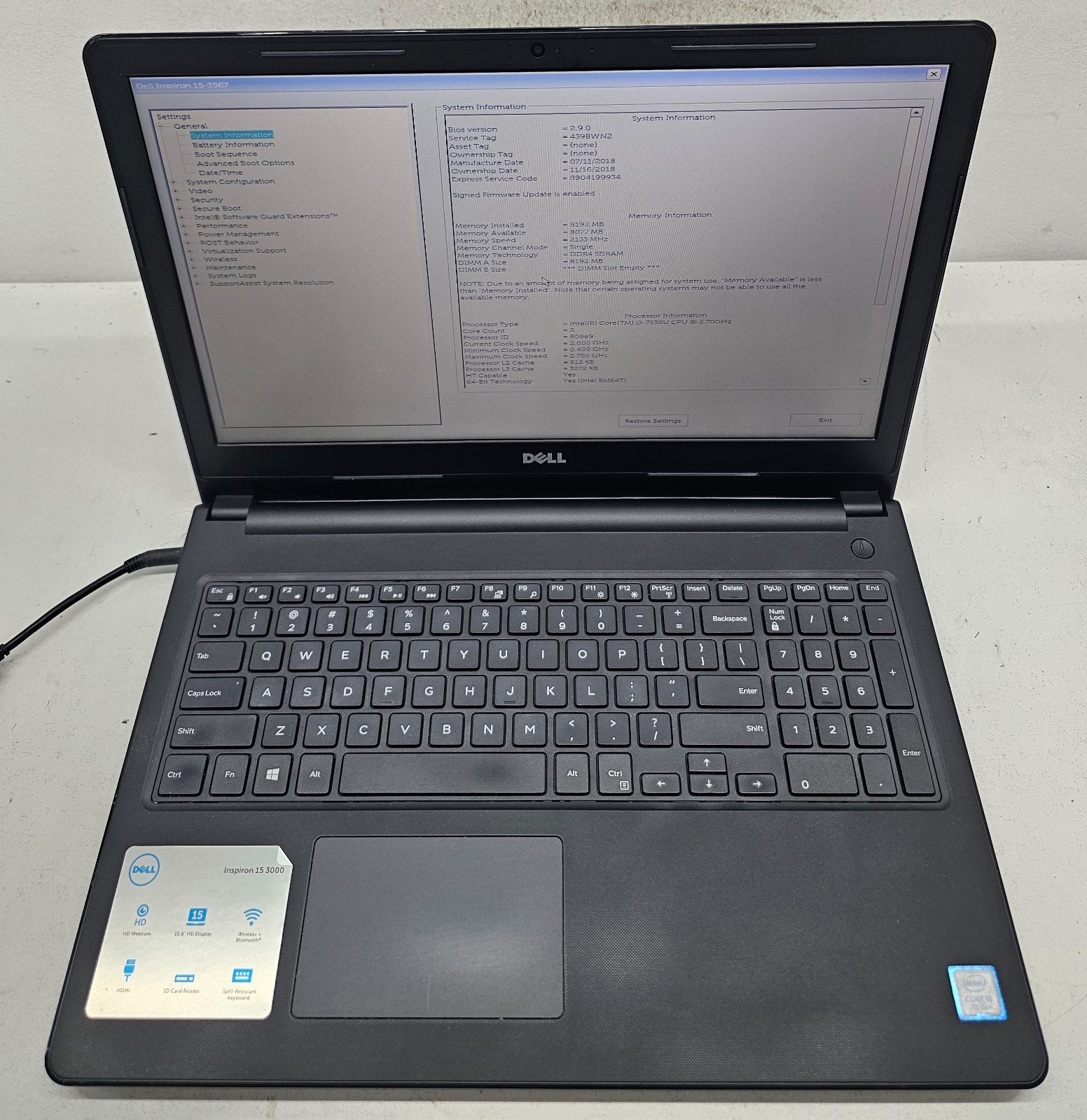 Dell Inspiron 15-3567 15.6″ Laptop Intel i3-7130U 8GB RAM 1TB HDD NO OS (FL)