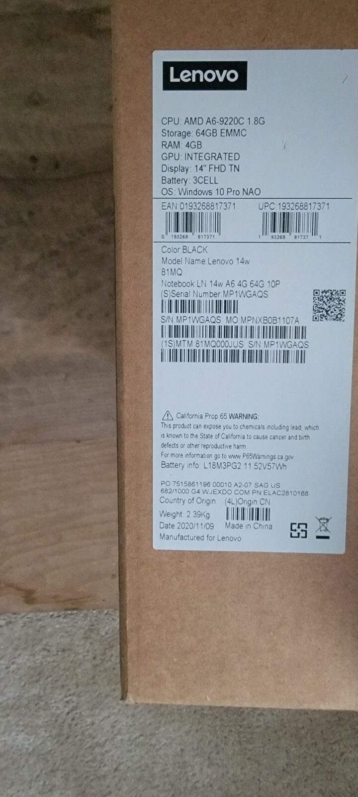 Lenovo 14w 14″ FHD AMD A6-9220C 1.8GHz – 4GB RAM – 64 GB eMMC – Windows 10 Pro