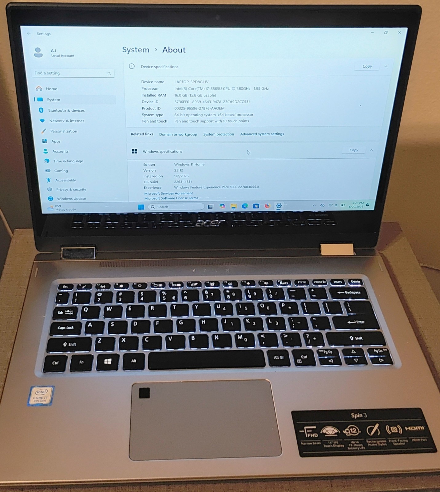 Acer Spin 3 SP314-53N-77AJ 14″ i7-8565U 1.99GHz 16GB RAM 512GB SSD