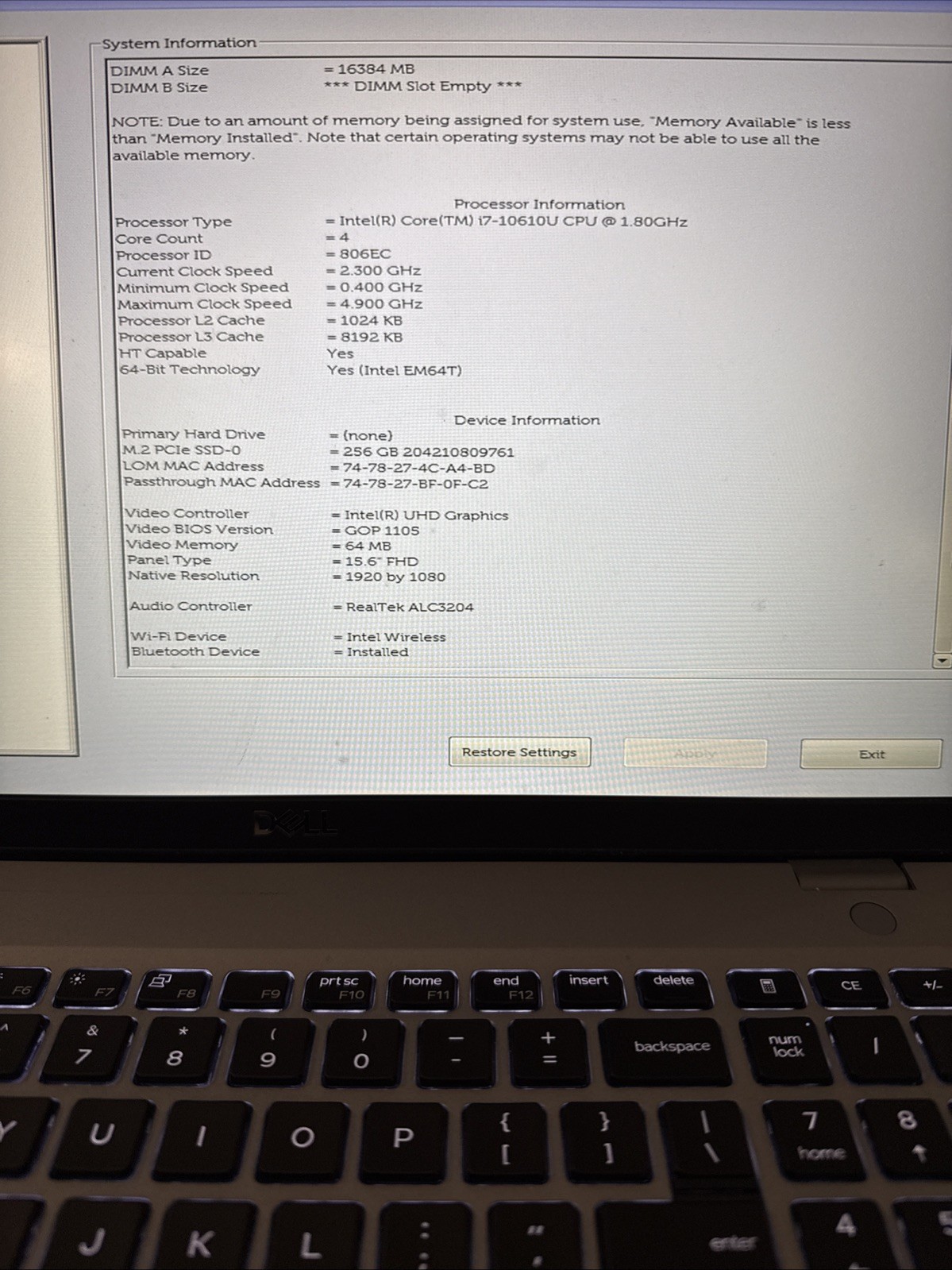Dell Precision 3550 10th Gen I7 16GB Ram 256GB SSD