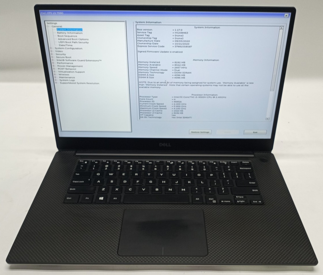 Dell XPS 15 7590 15.6″FHD i5-9300H@2.40GHz 8GB RAM 256GB NVMe Win11Pro MC481*!