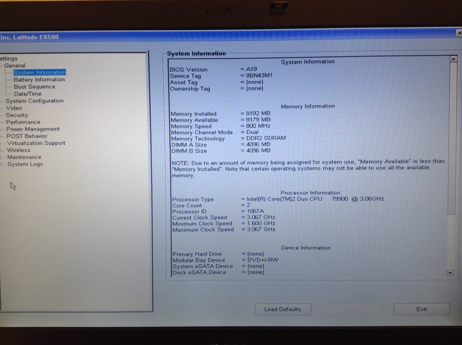 Dell Latitude E6500 Core 2 Duo T9900 3.06GHz 8GB DVD NVS160M, No HDD, WORKING
