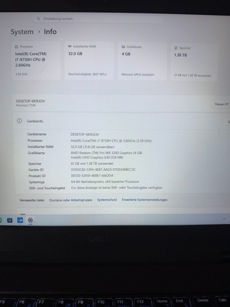 Dell Precision 7540 i7-9750H Radeon Pro WX3200 32GB 1.5TB SSD Win11 Pro