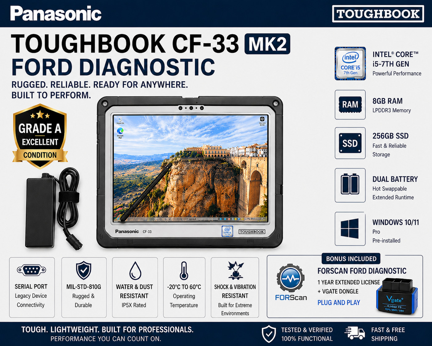 PANASONIC CF33 FORD DIAGNOSTIC FORSCAN Vlinker Plug & Play W11 TABLET TOUCH
