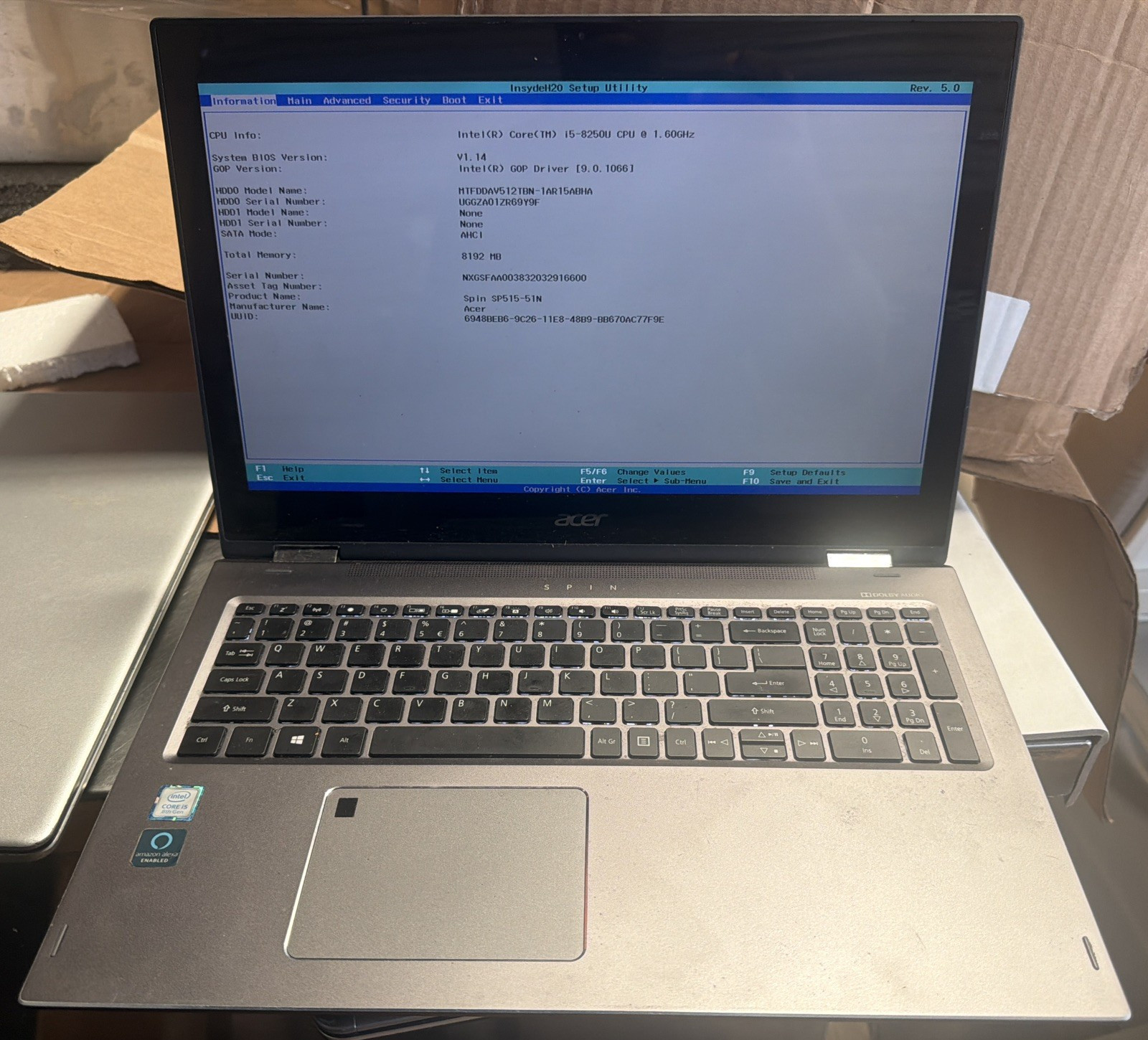 ACER SPIN5 SERIES | i5-8250u 8GB RAM TOUCH | NO HDD NO OS NO CHARGER ~ SP515-51N