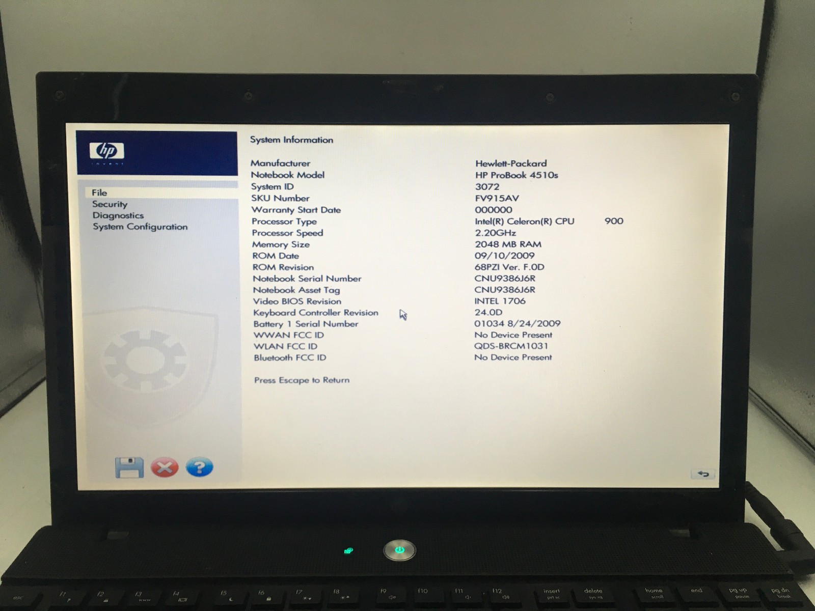 HP PROBOOK 4510S – BOOTS TO BIOS – INTEL CELERON 900 – 2GB RAM -READ DESCRIP- BB
