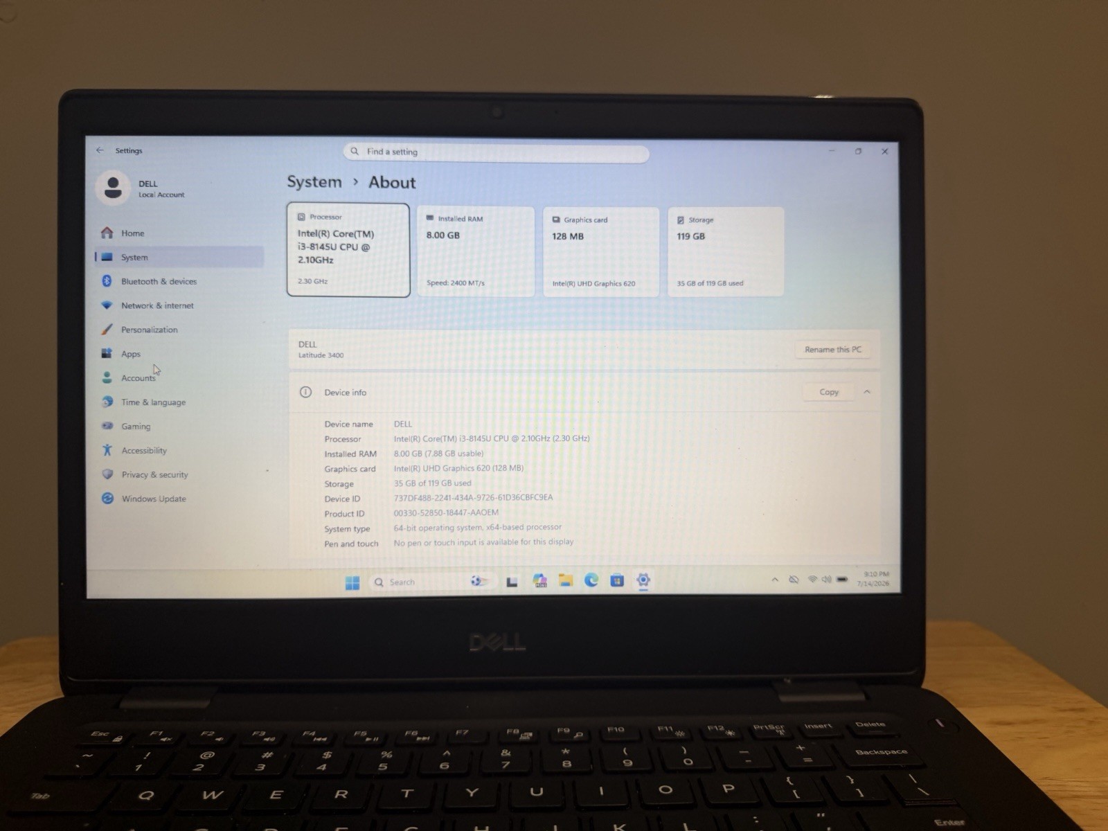 Dell Latitude 3400 | 8th Gen | Core i3 | 8GB RAM | 128GB SSD | CPU @2.90GHz |