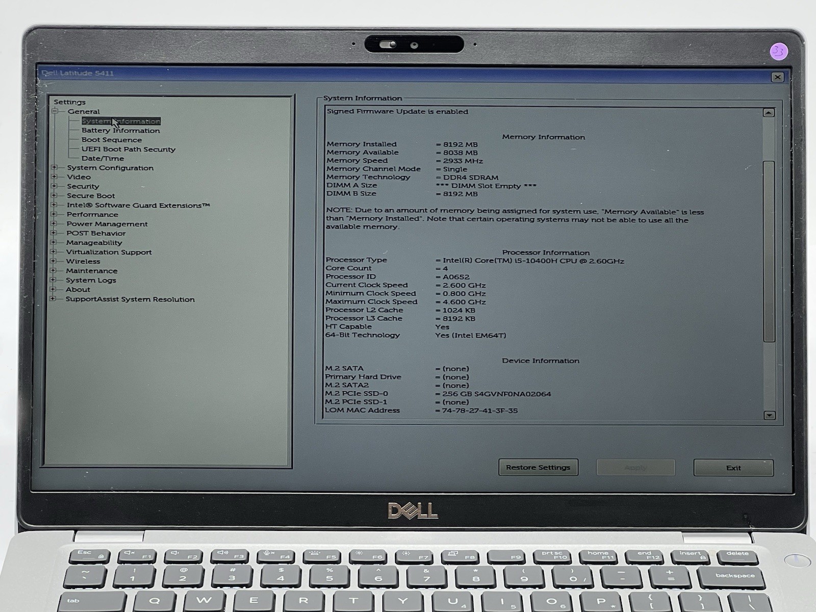 Dell Latitude 5411, i5-10400H CPU, @ 2.60GHz, 8GB RAM, 256GB NVMe-No OS/Charger